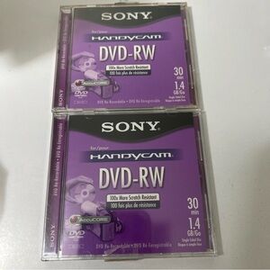 2 Sony Handycam DVD-RW 30min 1.4GB Single Sided Disc New Re-recordable purple